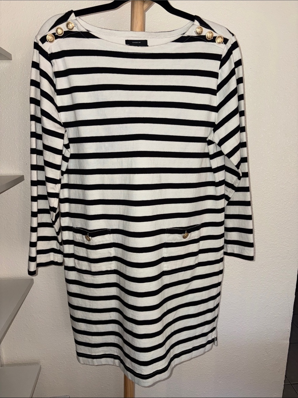 J. Crew 100% Cotton Black and White Boatneck Dress with Gold Buttons